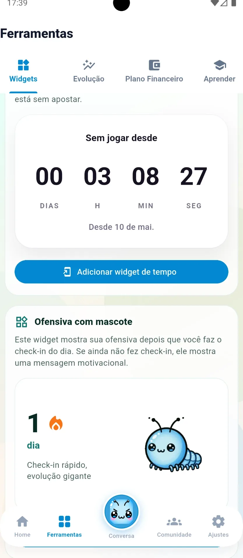 Tela de ferramentas com widgets e contador de tempo sem apostar