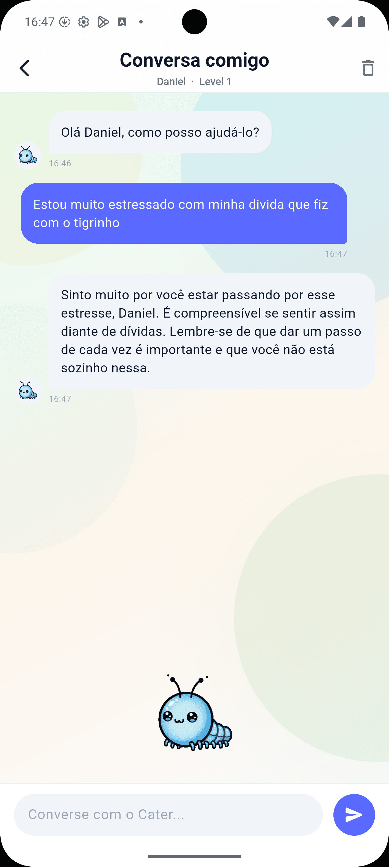 Conversa com o Cater oferecendo apoio em um momento de estresse por dívida